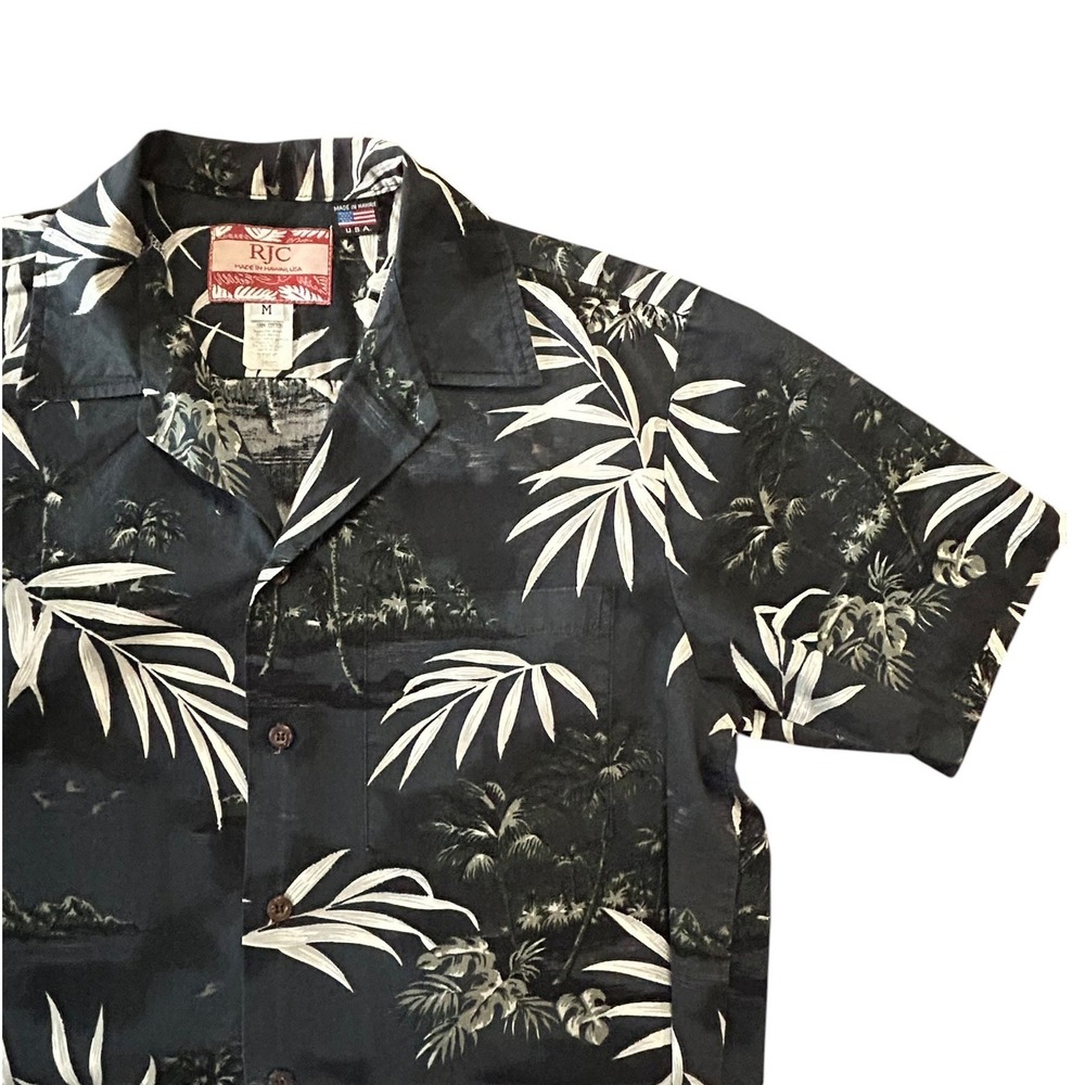 RJC Men's Black Hawaiian Shirt Palm Tree Bamboo Leaf Print Made USA M
